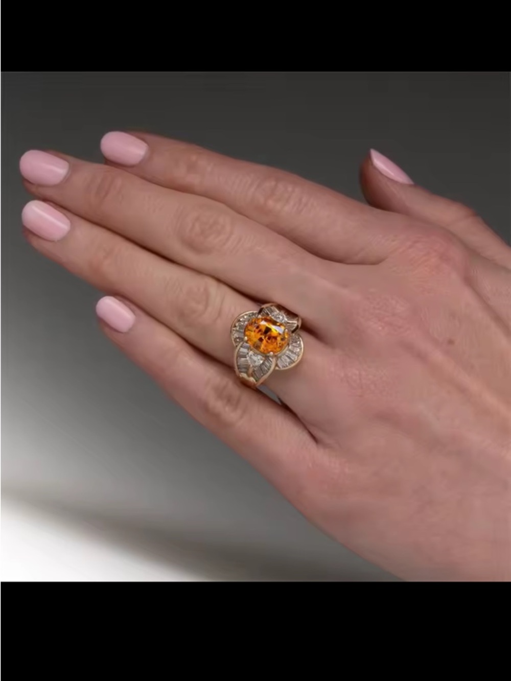 Gold Ring with Oval Orange Center Stone and Diamond Accents - Picture 4 of 6